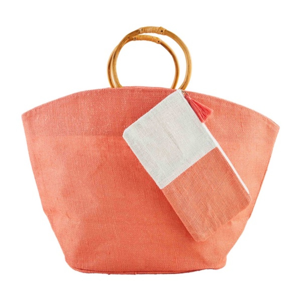 Mud Pie Bright Jute Tote & Case Set Coral New with Tags Bamboo Bag Handbag Purse